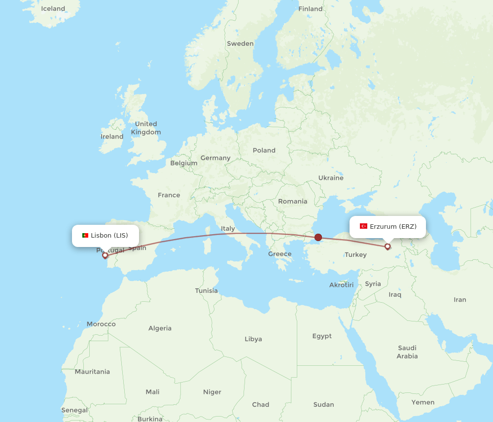 Lisbon - Erzurum route map and flight paths