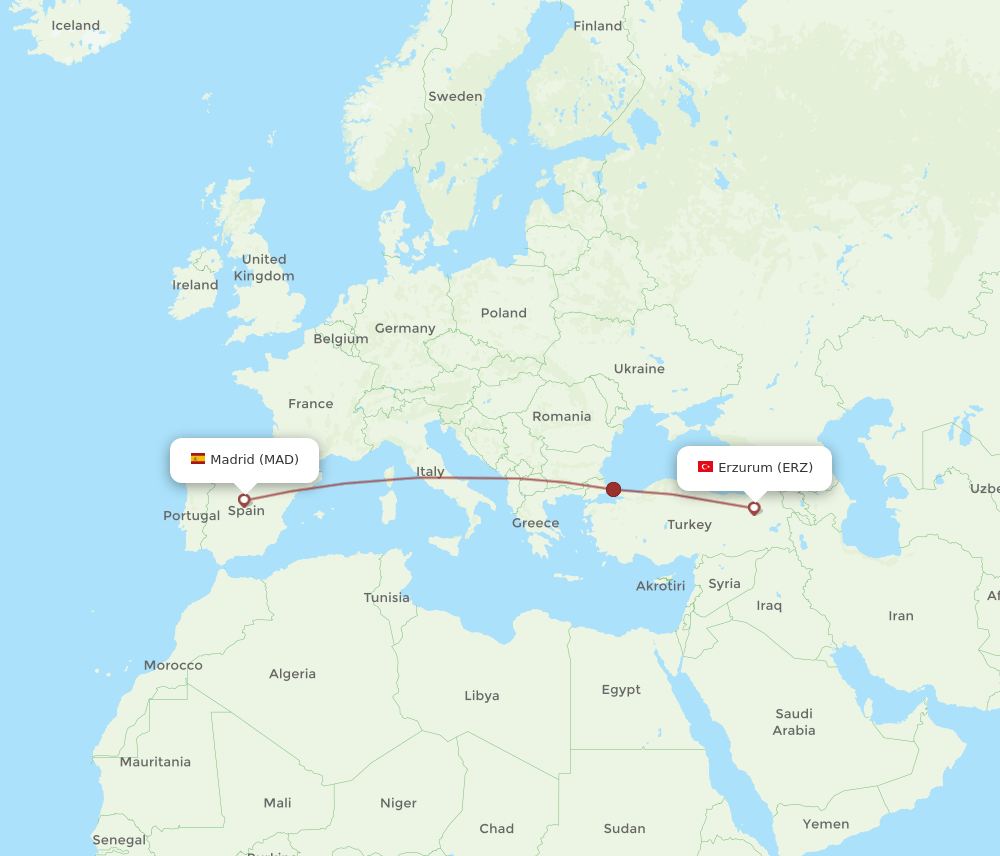 Madrid - Erzurum route map and flight paths