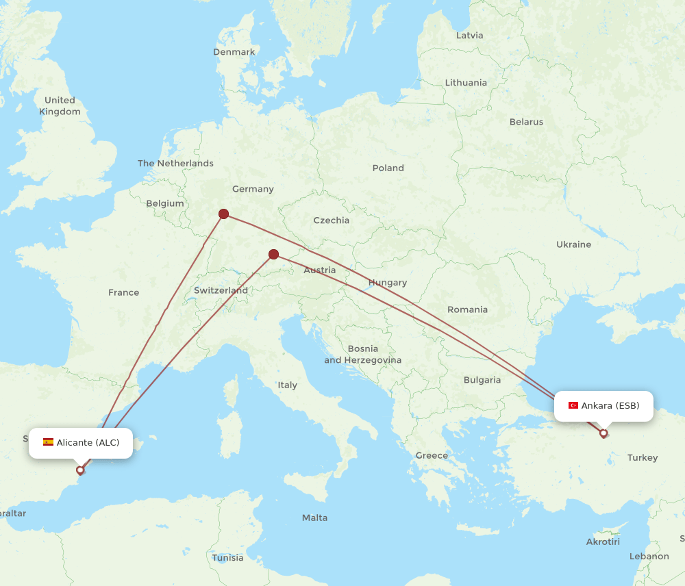 Alicante - Ankara route map and flight paths