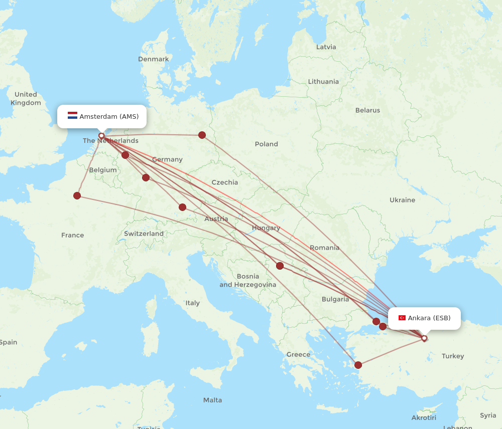 ESB to AMS flights and routes map