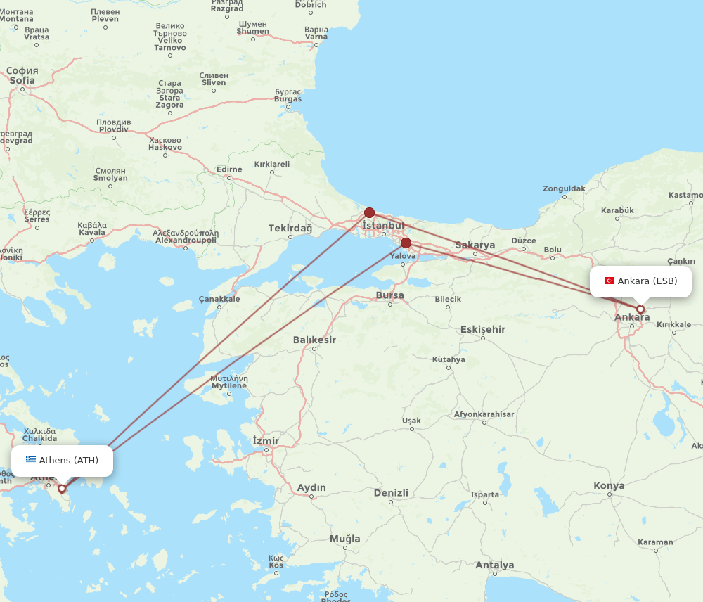 ESB to ATH flights and routes map