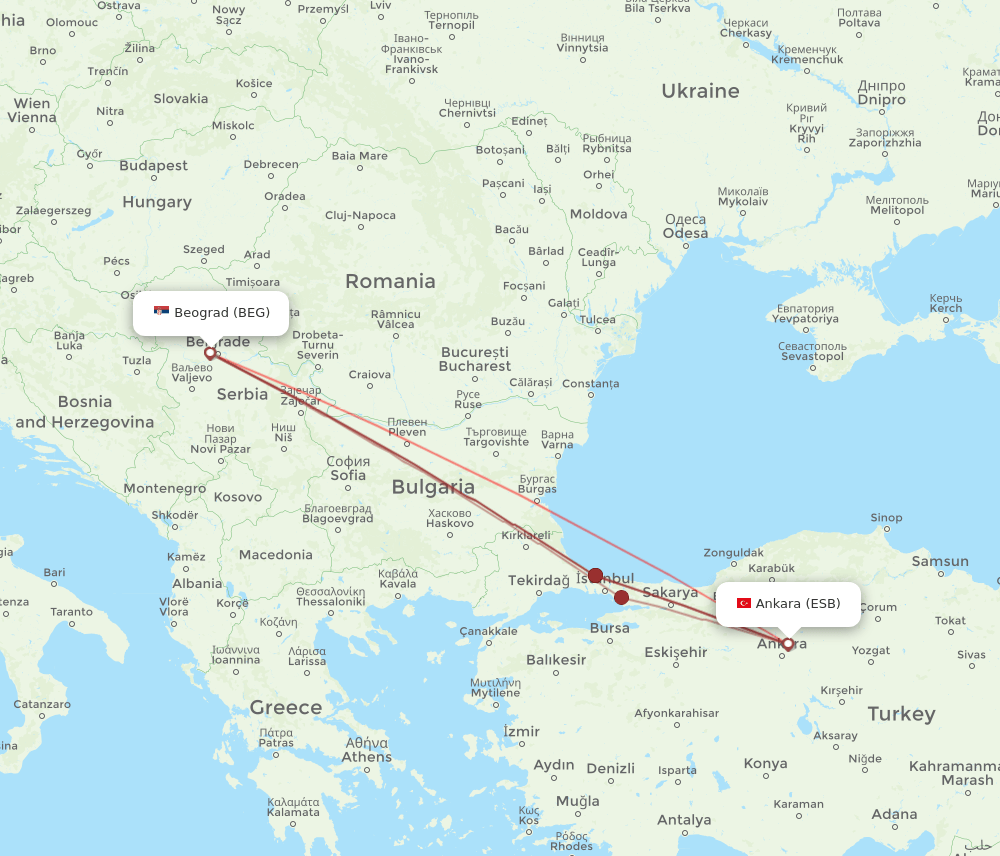 ESB to BEG flights and routes map