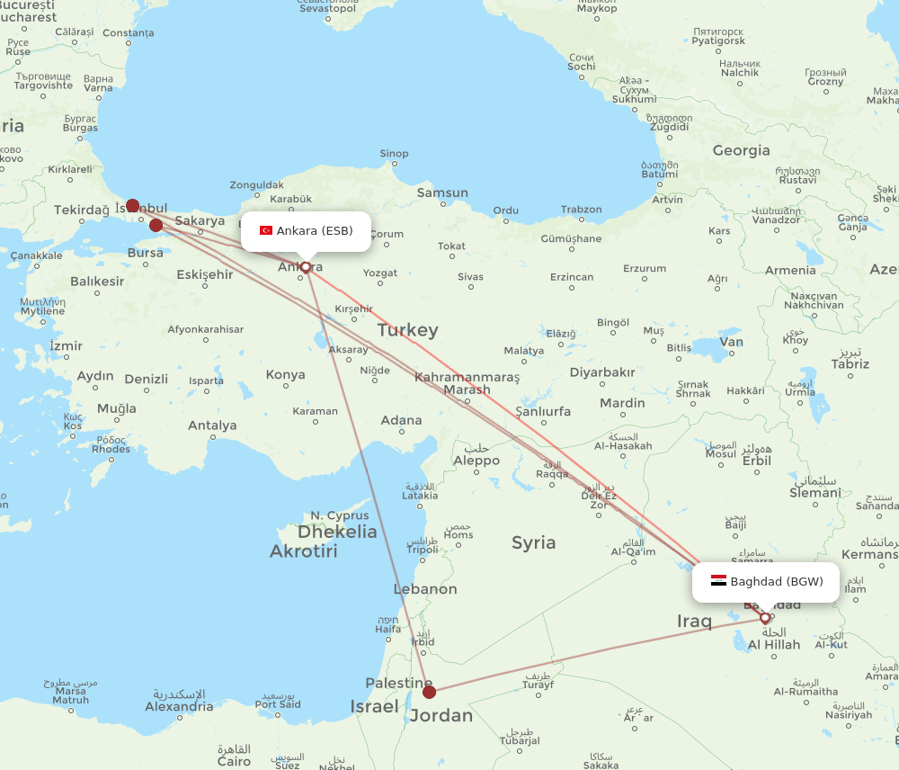 ESB to BGW flights and routes map