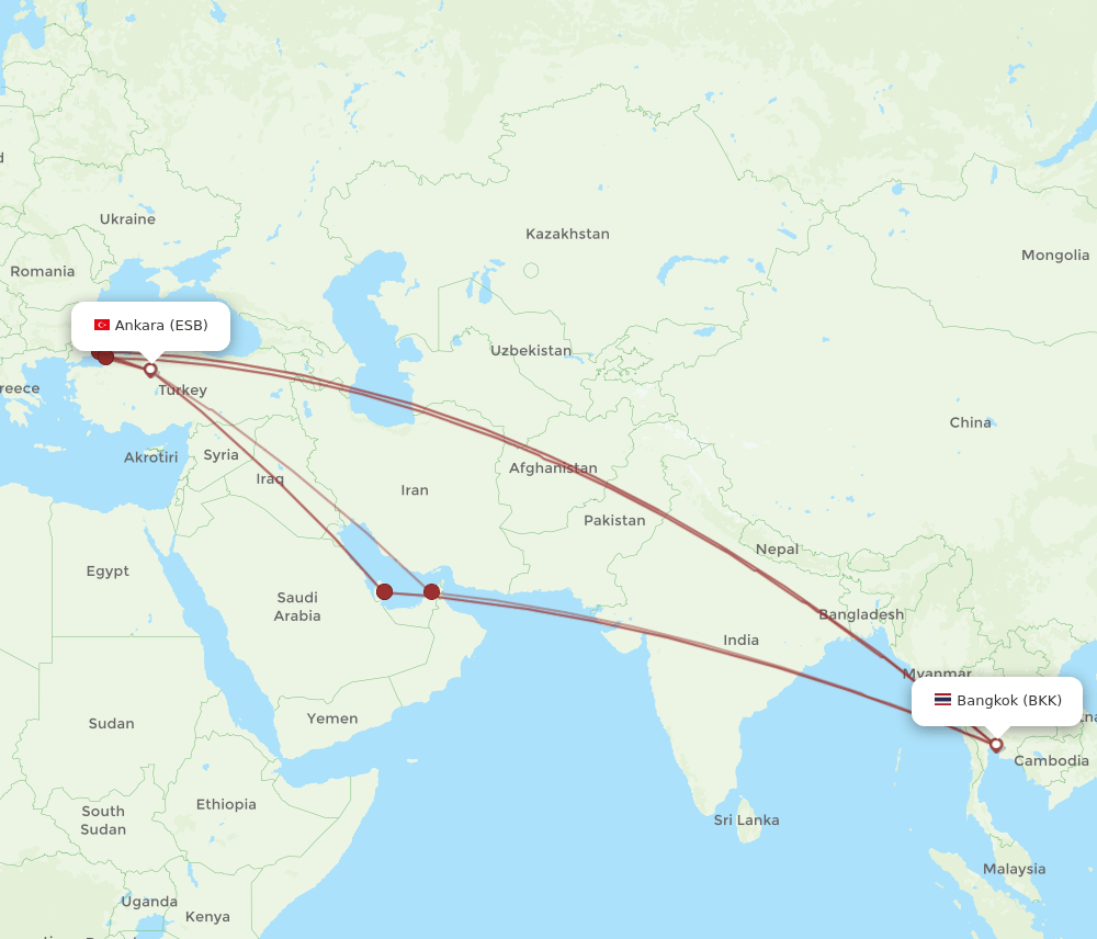 ESB to BKK flights and routes map