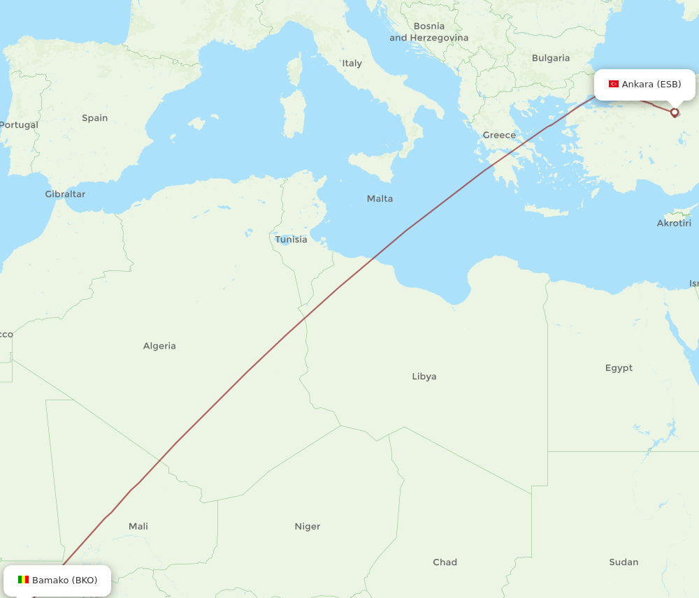 ESB to BKO flights and routes map