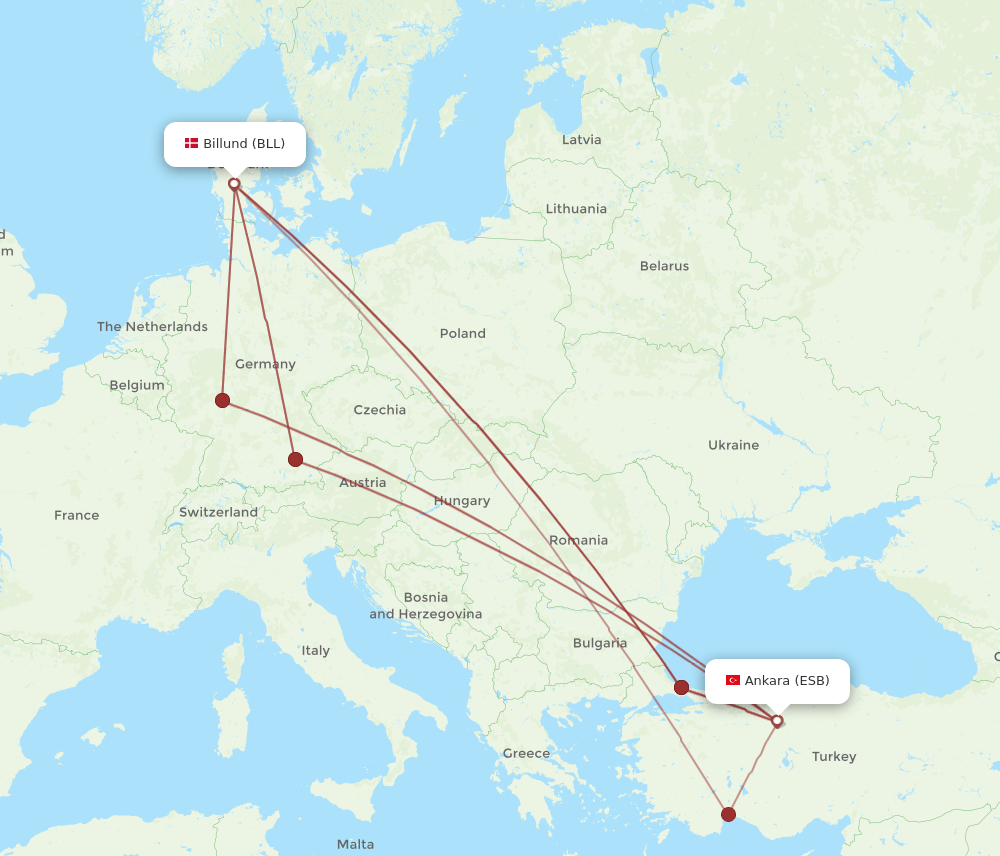ESB to BLL flights and routes map