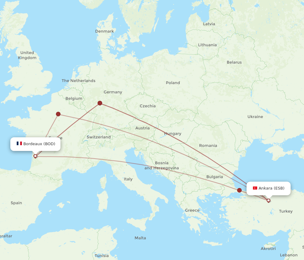 ESB to BOD flights and routes map