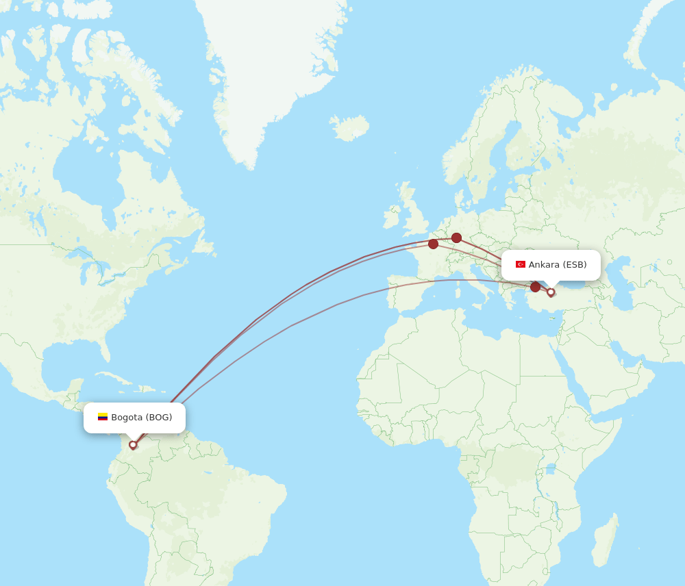 ESB to BOG flights and routes map
