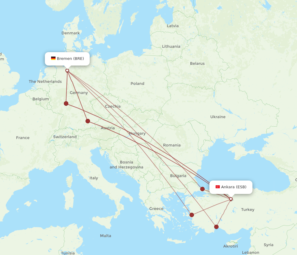 ESB to BRE flights and routes map