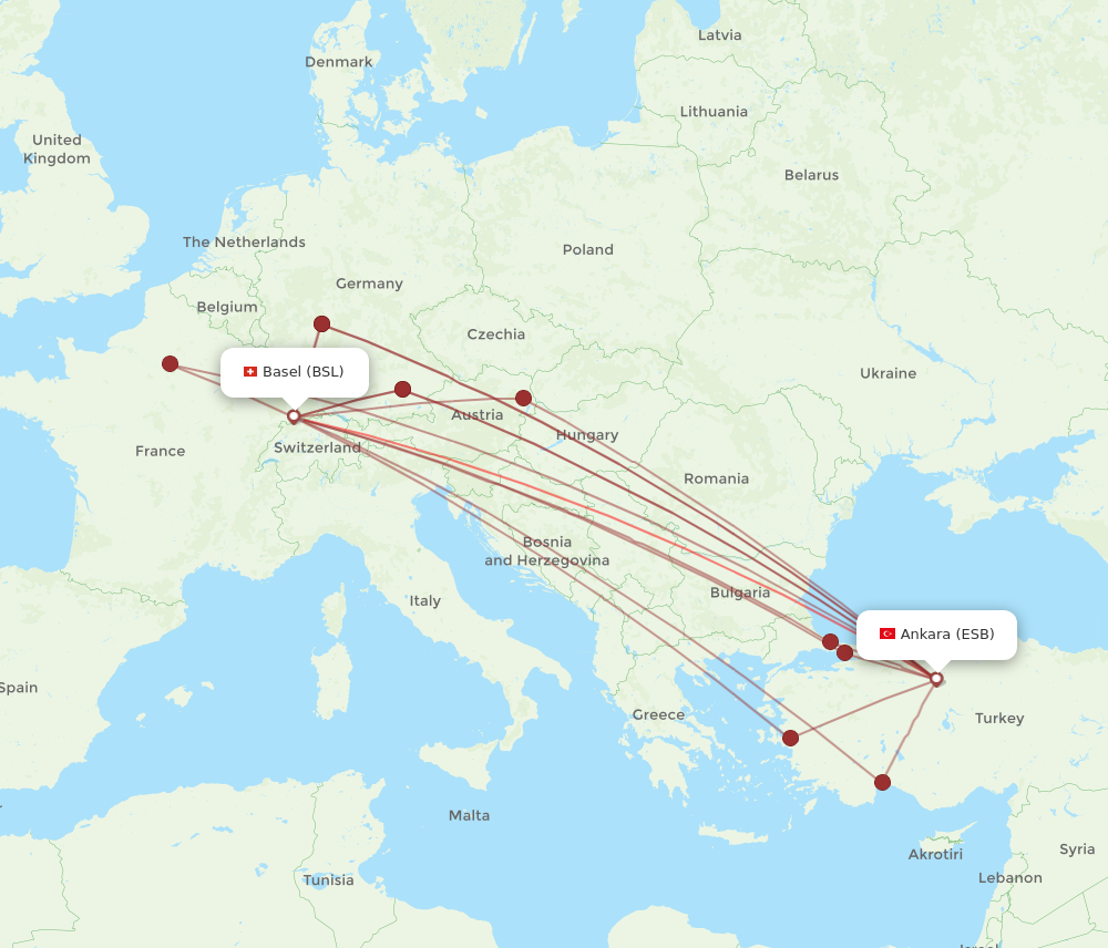 ESB to BSL flights and routes map
