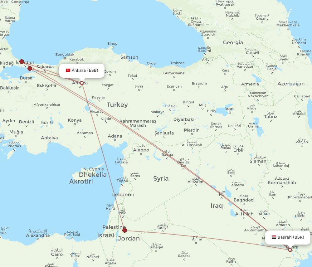 ESB to BSR flights and routes map