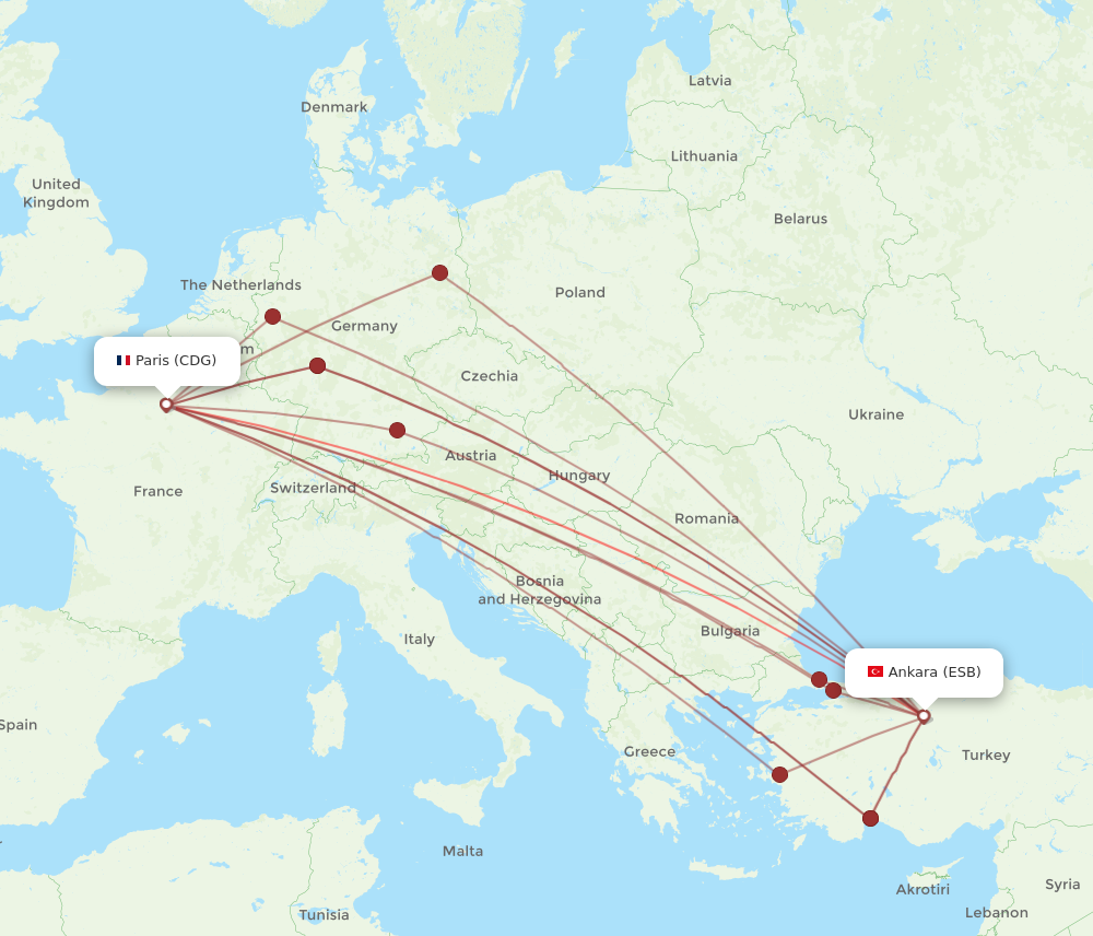 ESB to CDG flights and routes map