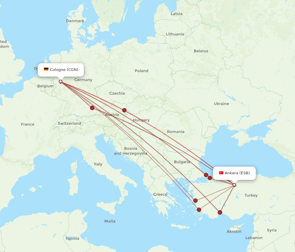 ESB to CGN flights and routes map