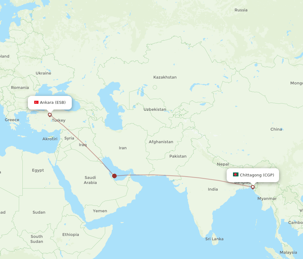 Chittagong - Ankara route map and flight paths