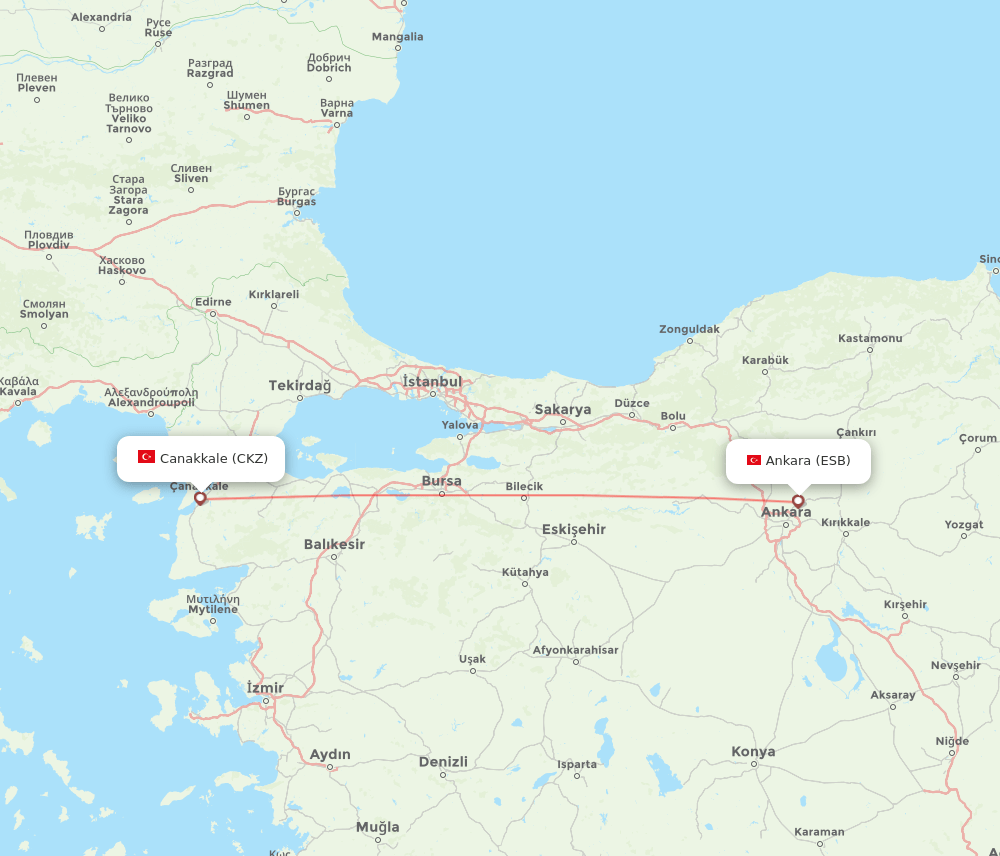 Ankara - Canakkale route map and flight paths