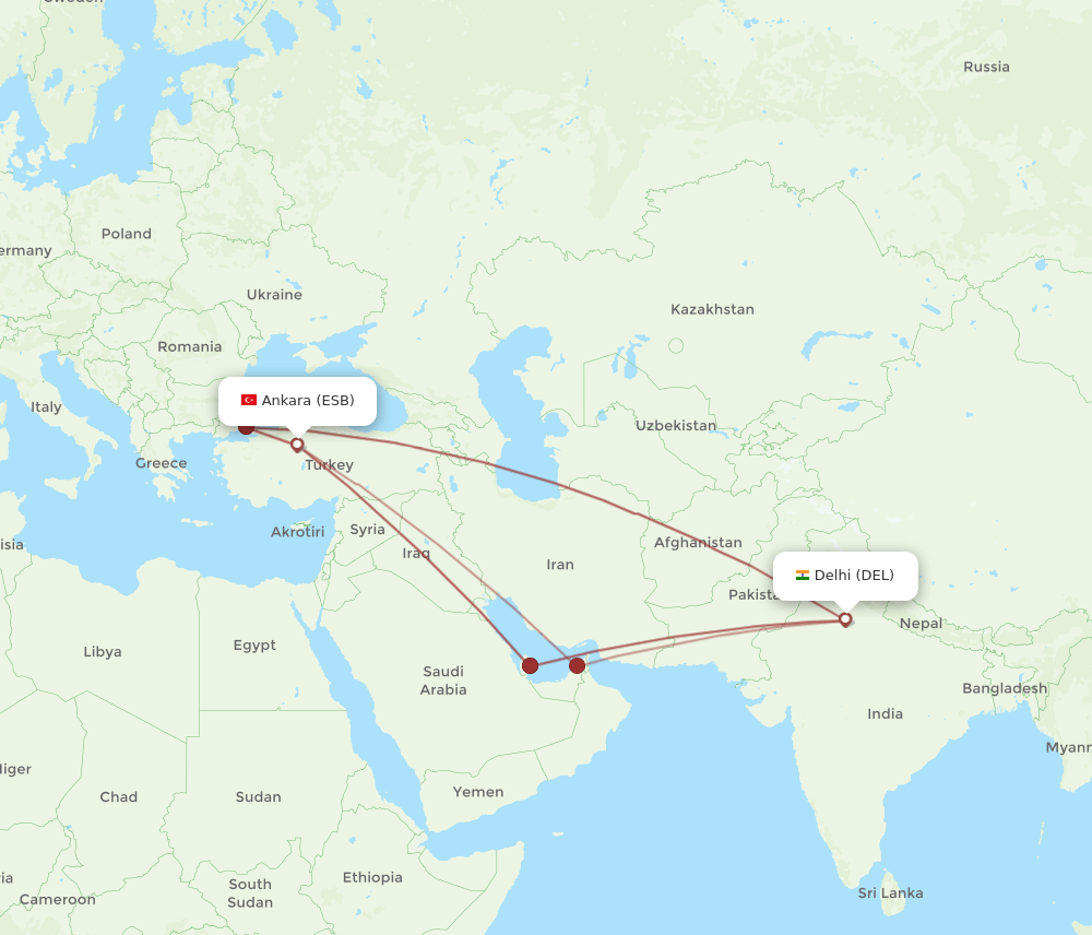 ESB to DEL flights and routes map