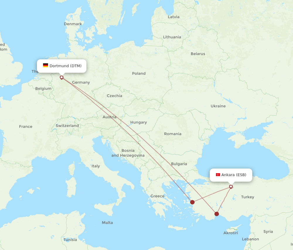 ESB to DTM flights and routes map