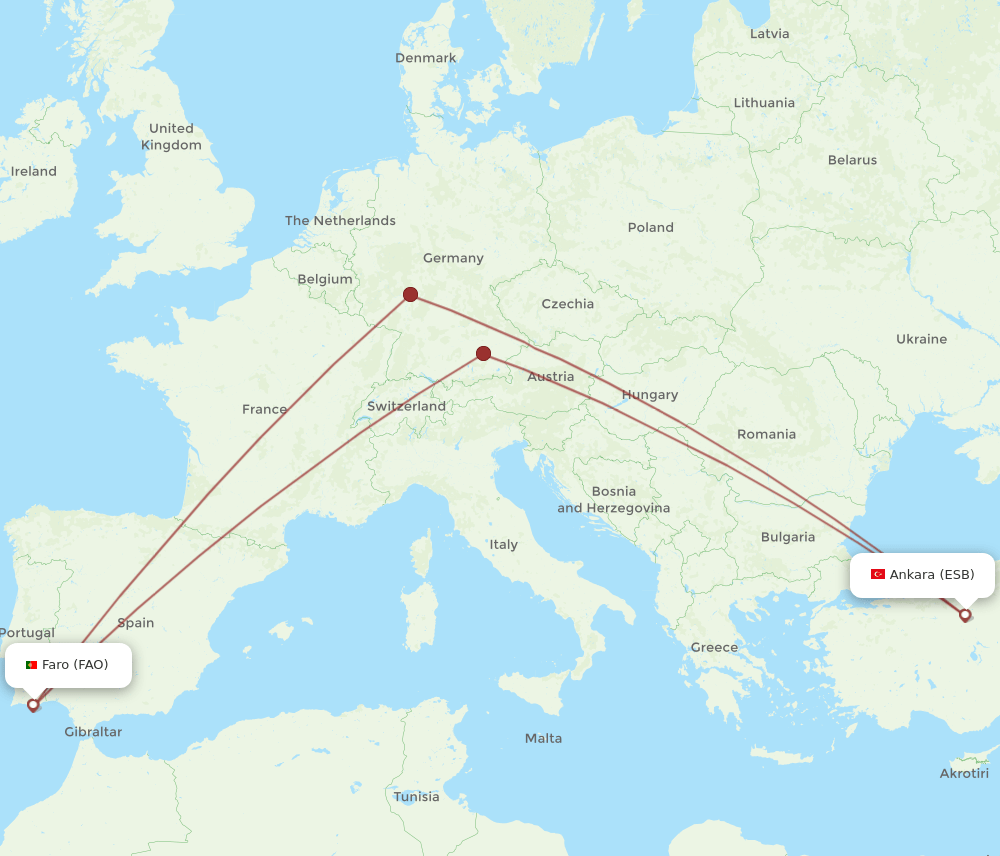 Faro - Ankara route map and flight paths