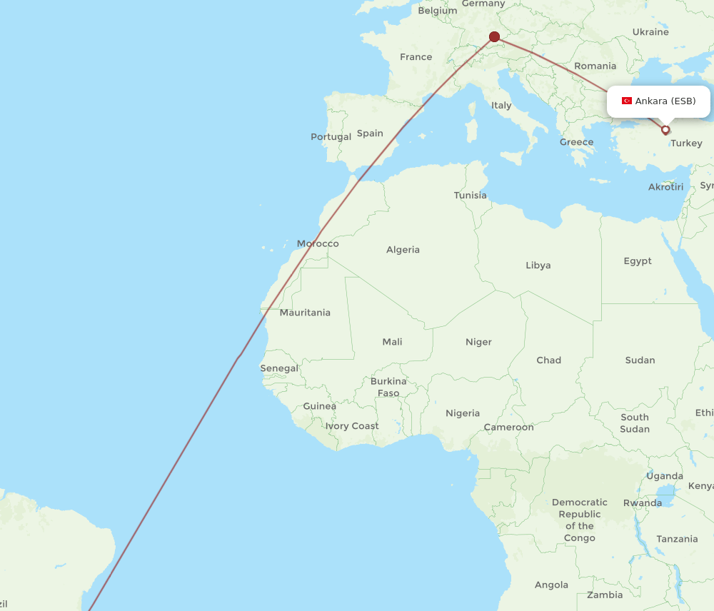 Rio De Janeiro - Ankara route map and flight paths