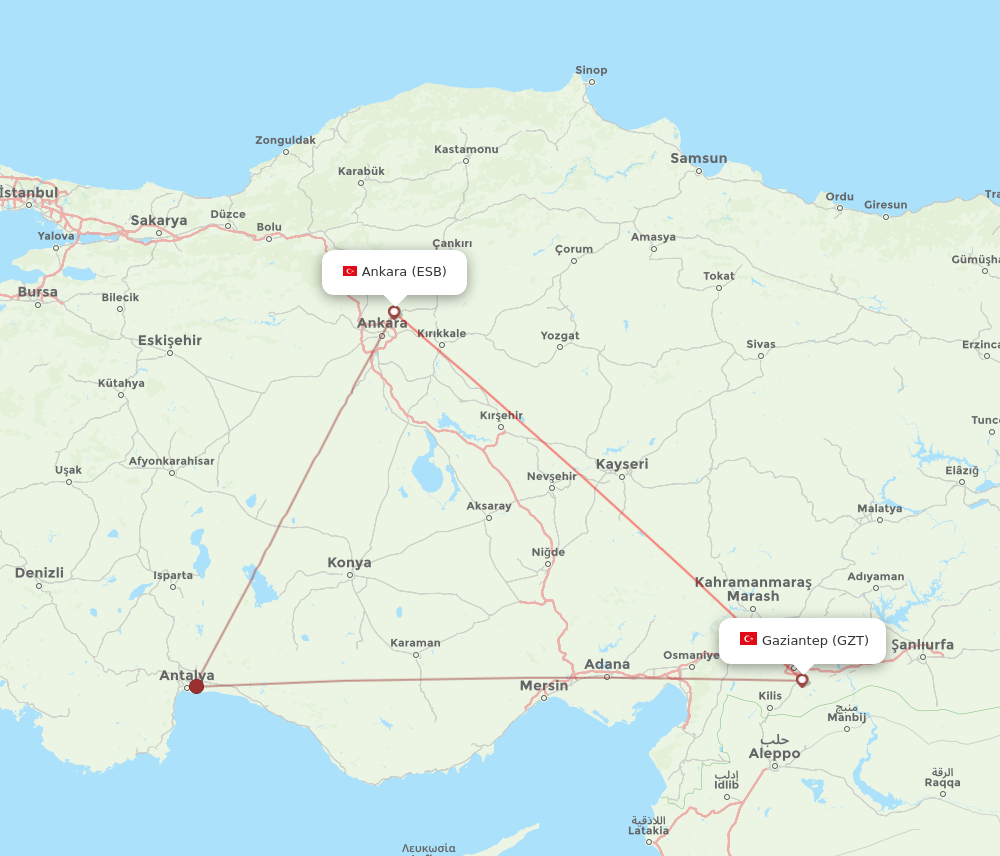 ESB to GZT flights and routes map