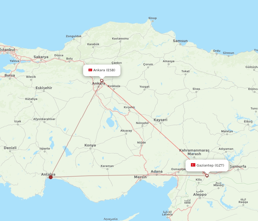 Ankara - Gaziantep route map and flight paths