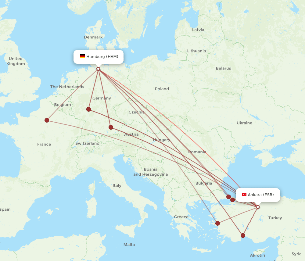 ESB to HAM flights and routes map