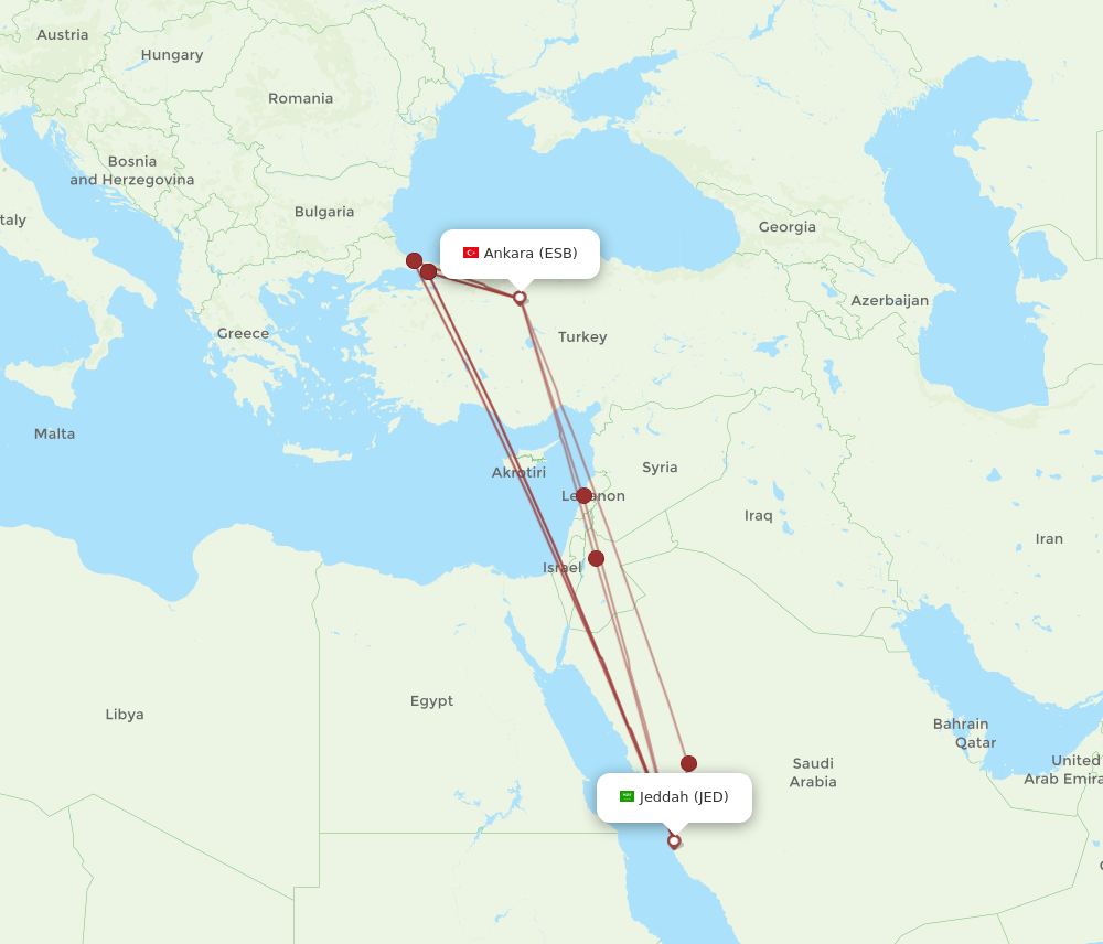 ESB to JED flights and routes map