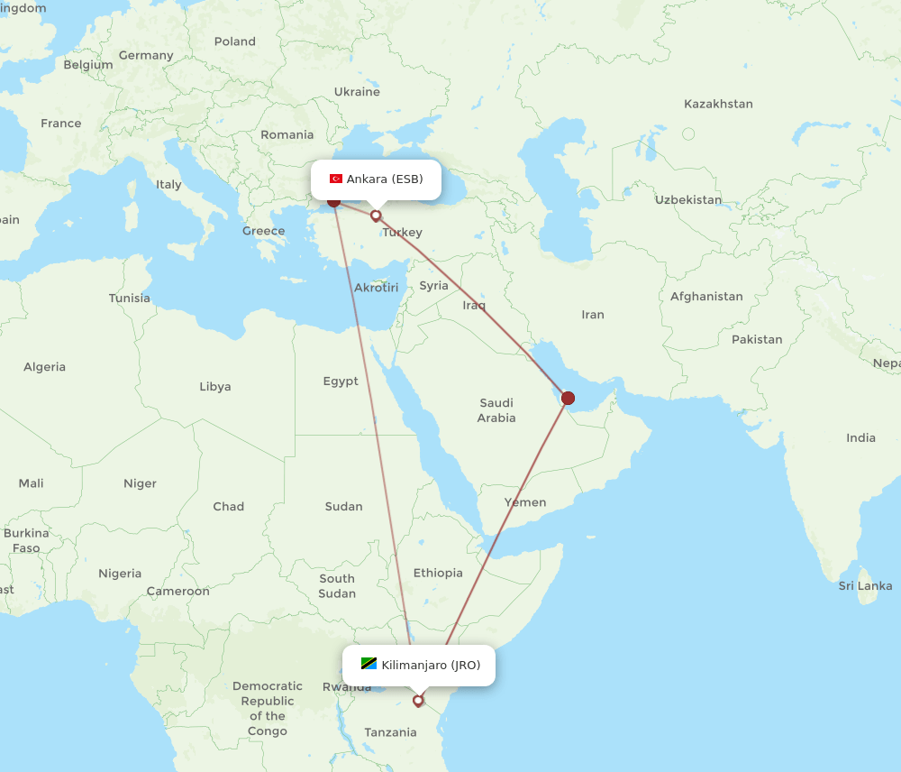 Kilimanjaro - Ankara route map and flight paths