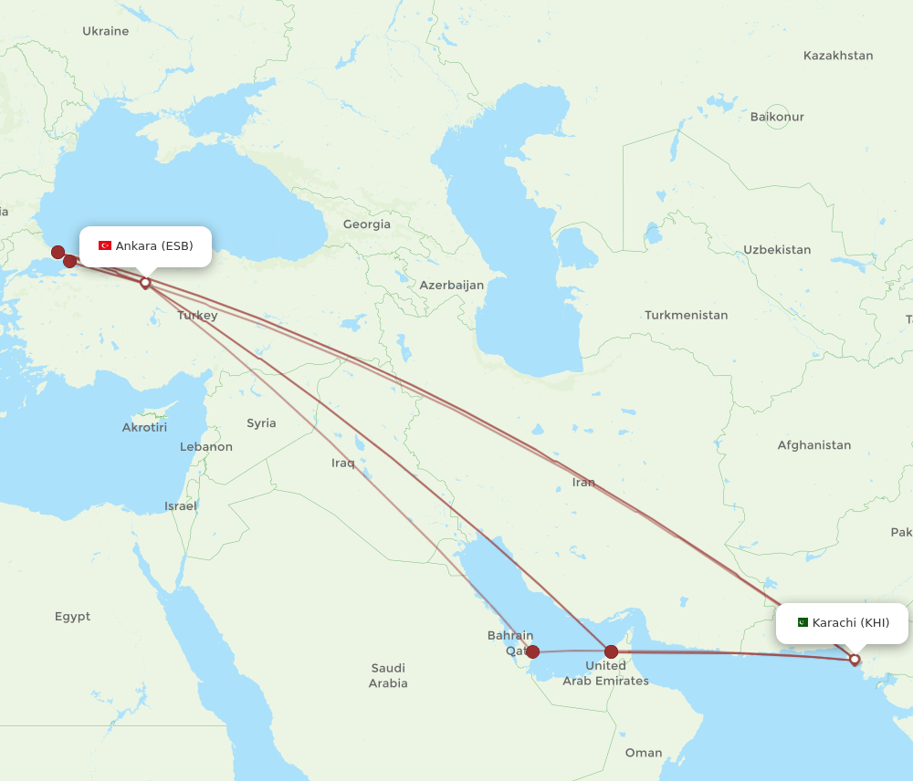 ESB to KHI flights and routes map