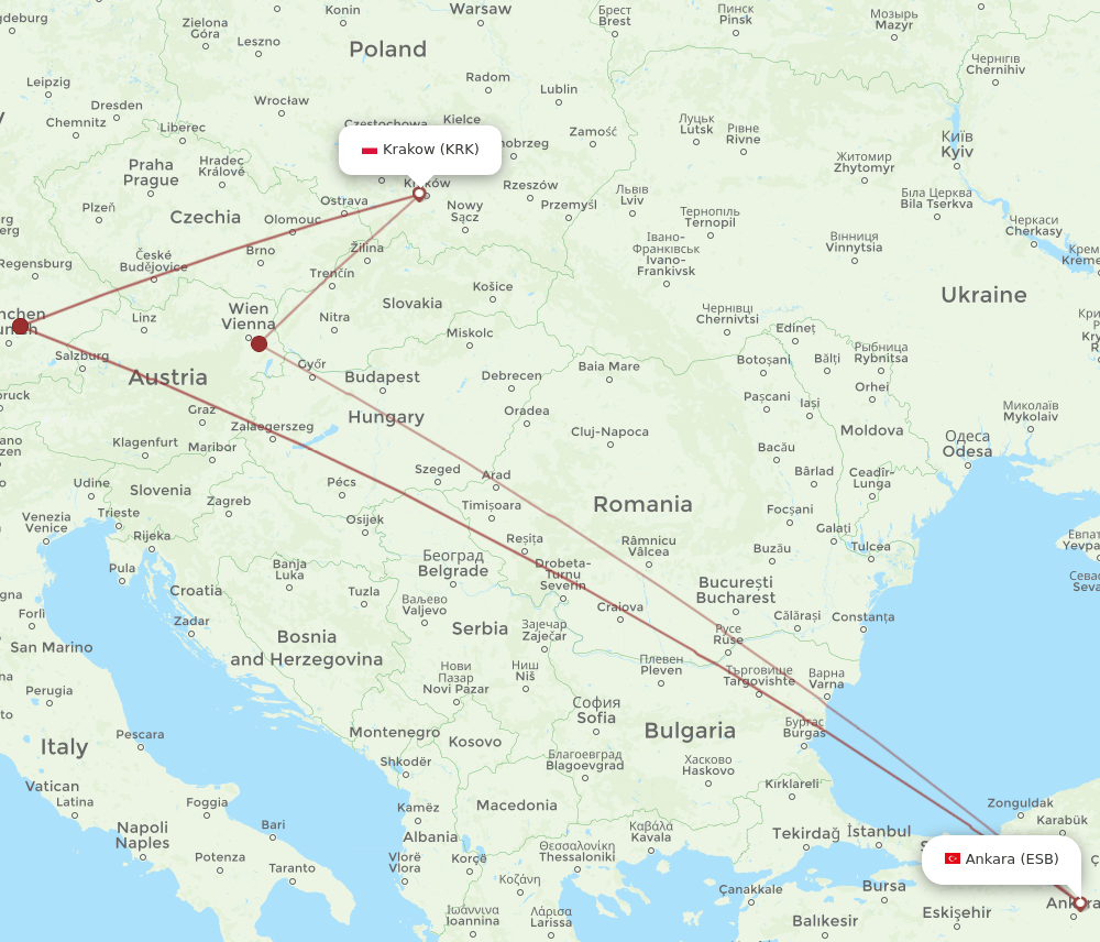 ESB to KRK flights and routes map