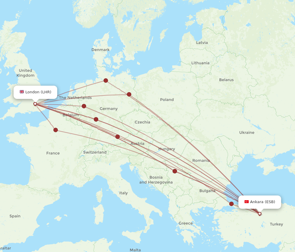 ESB to LHR flights and routes map