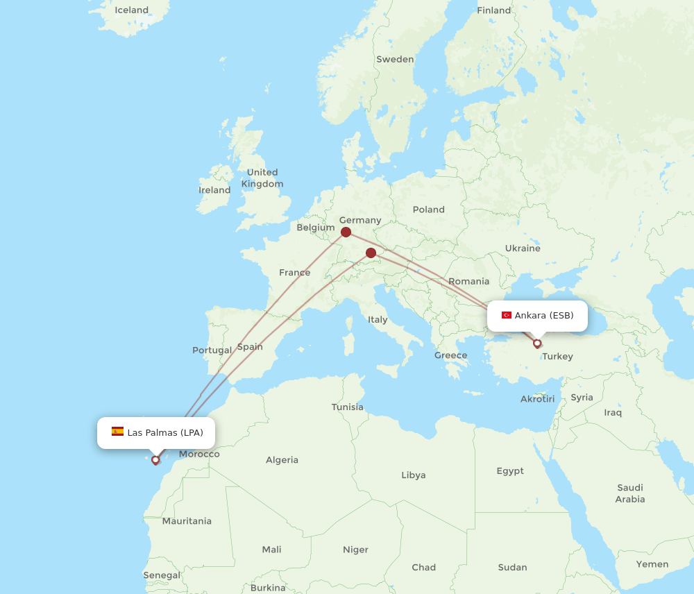ESB to LPA flights and routes map
