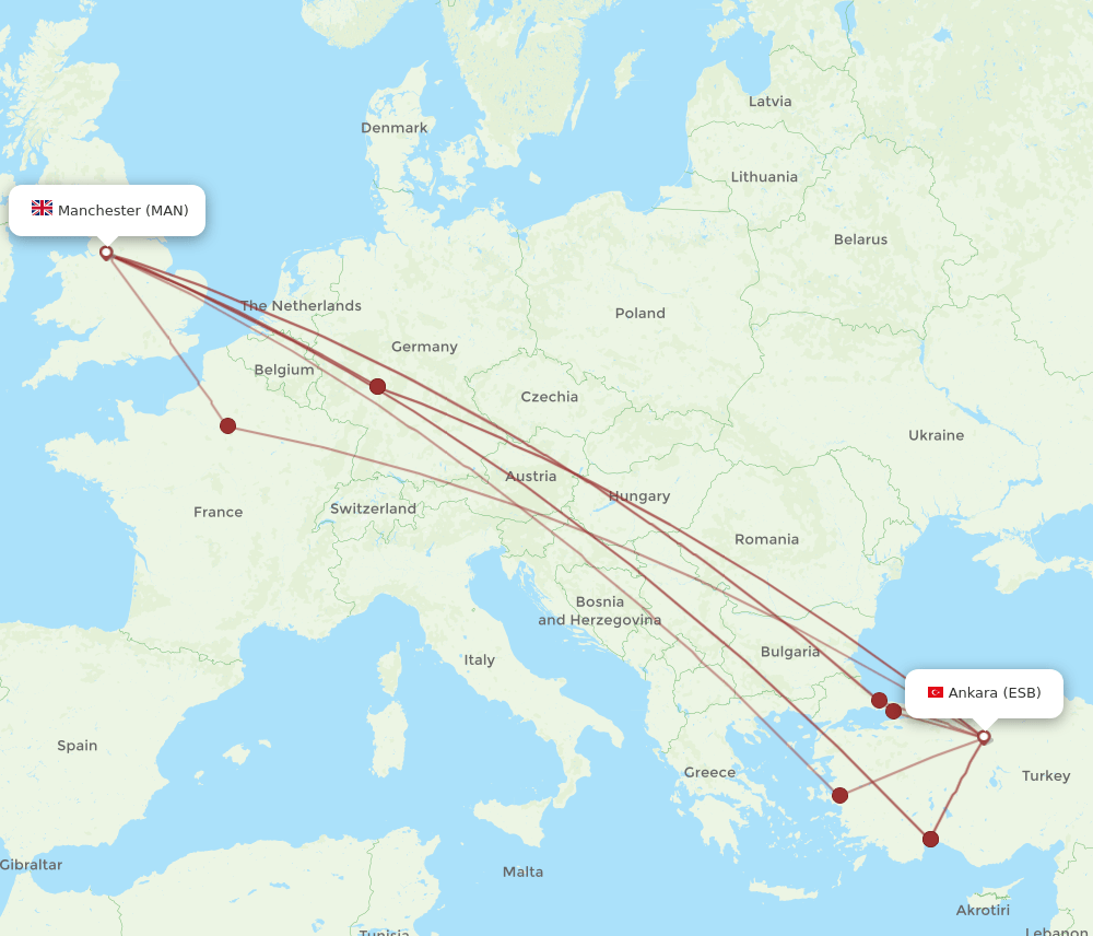 ESB to MAN flights and routes map