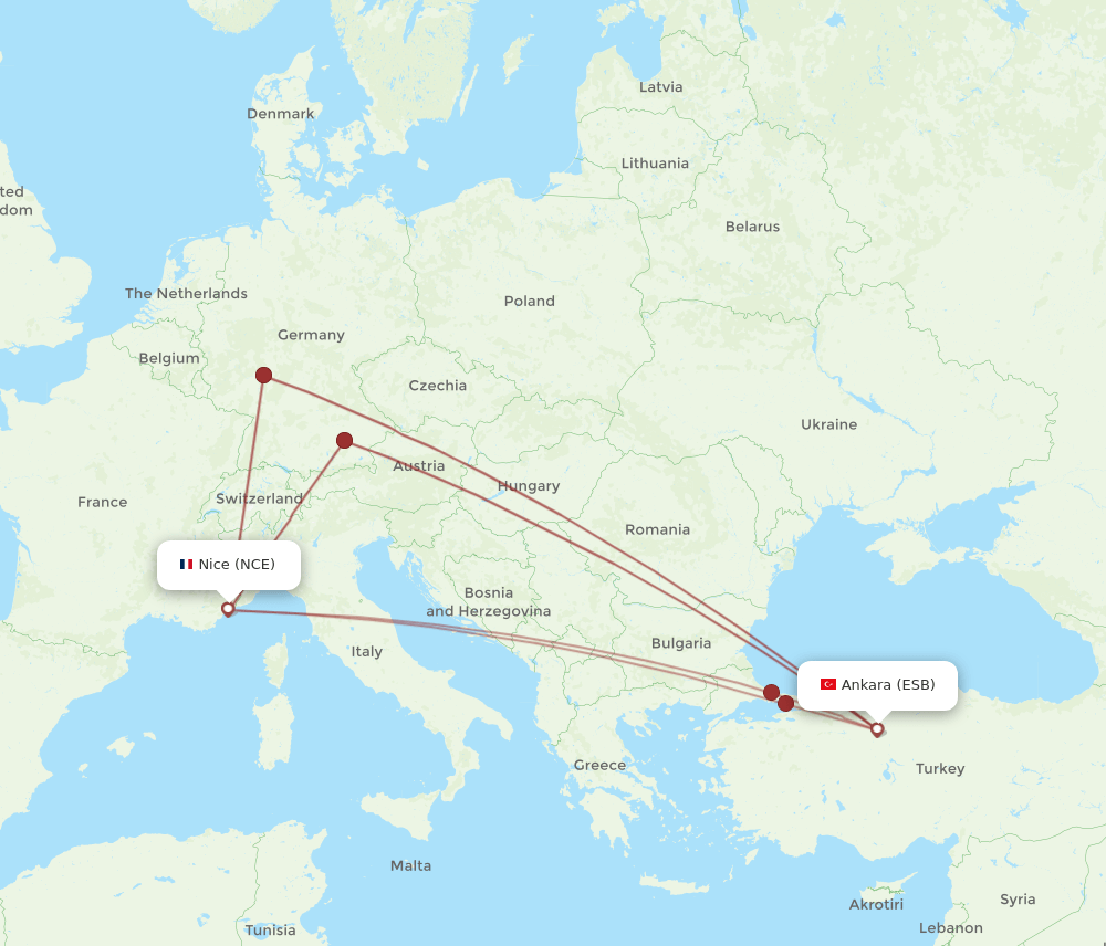 ESB to NCE flights and routes map