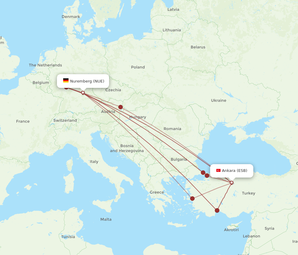 ESB to NUE flights and routes map