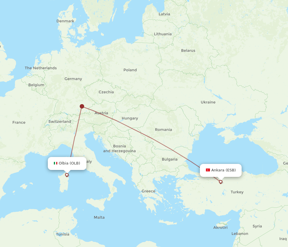 Olbia - Ankara route map and flight paths