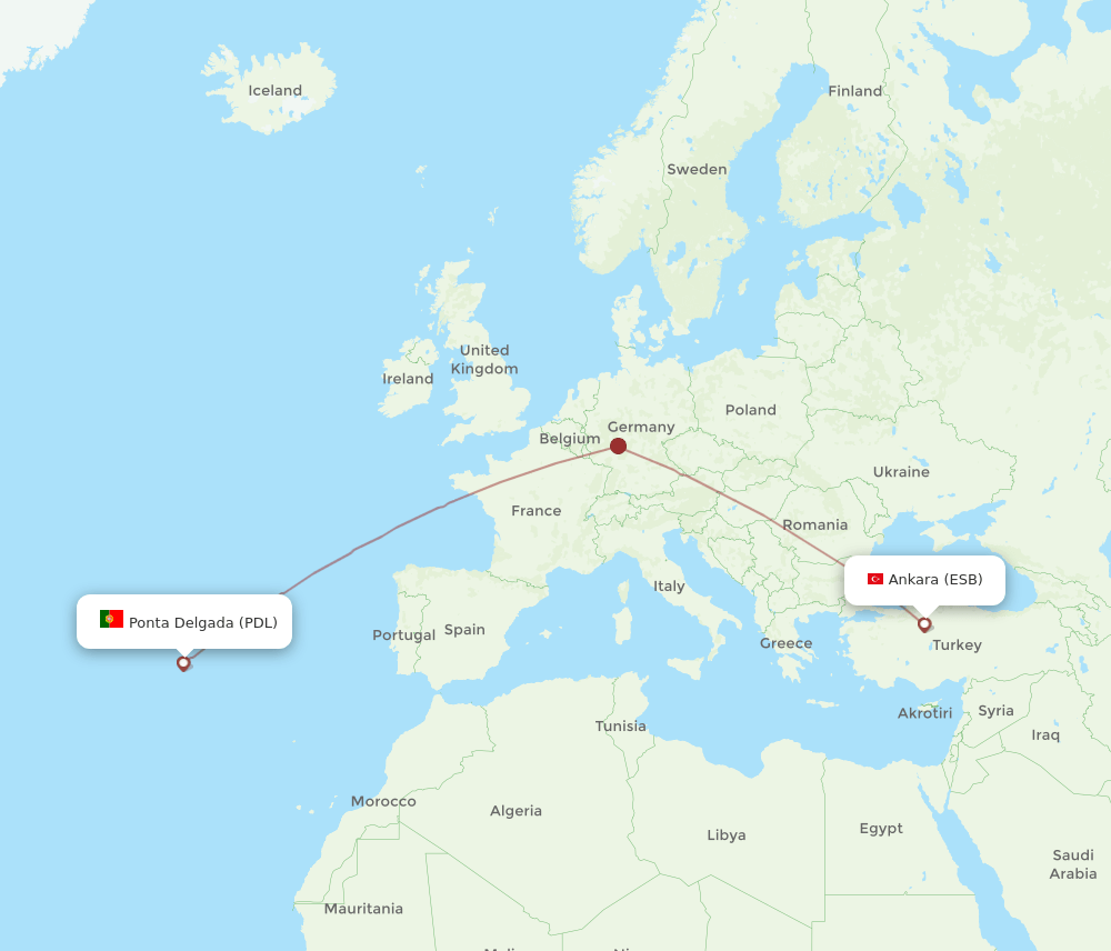 Ponta Delgada (Azores) - Ankara route map and flight paths