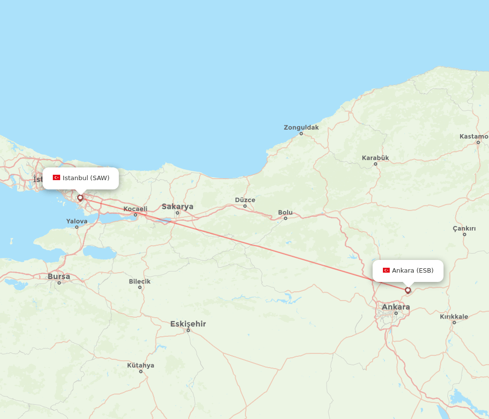 Ankara - Istanbul route map and flight paths
