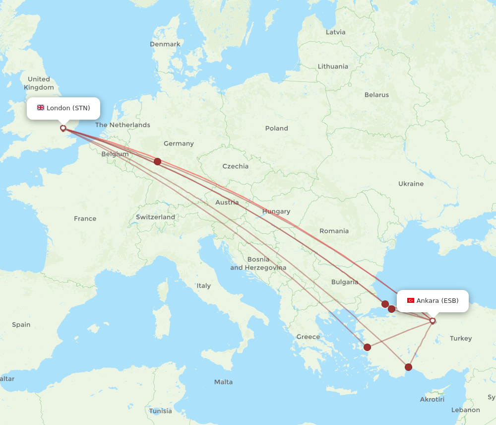 ESB to STN flights and routes map
