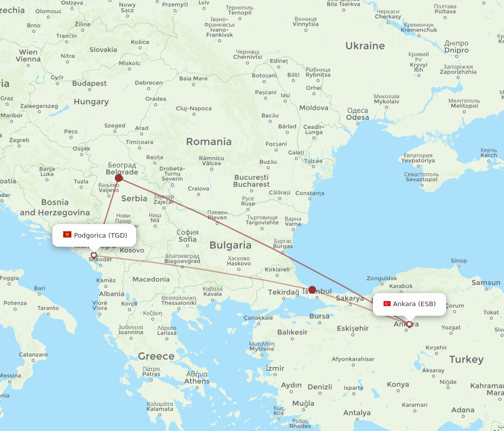 ESB to TGD flights and routes map