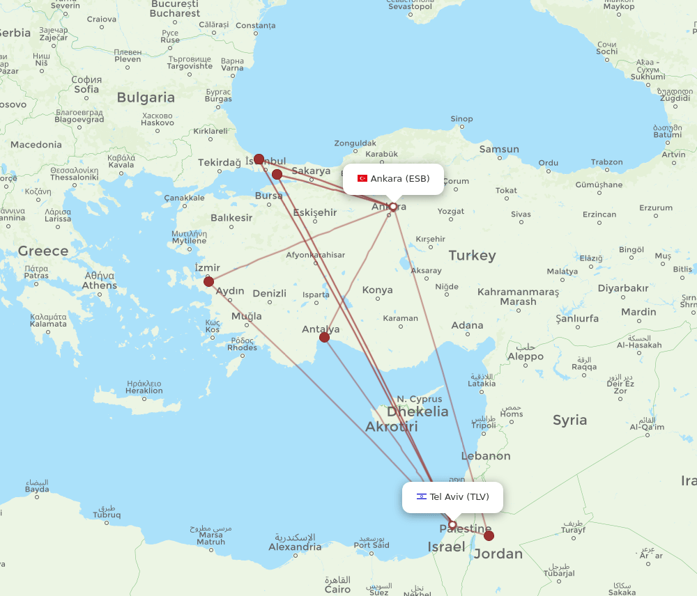 Ankara - Tel Aviv-Yafo route map and flight paths