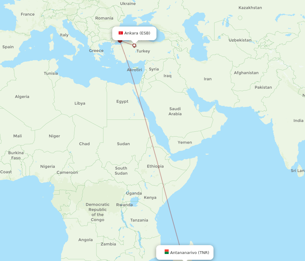 ESB to TNR flights and routes map