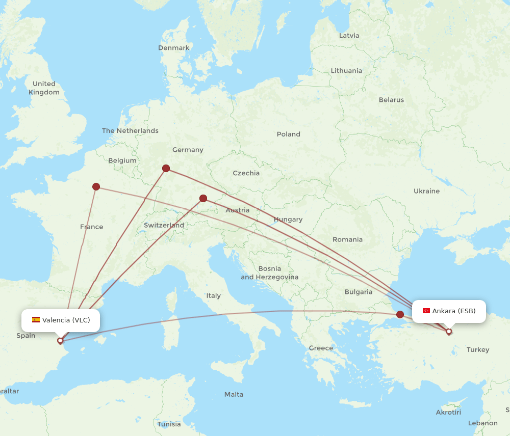 ESB to VLC flights and routes map