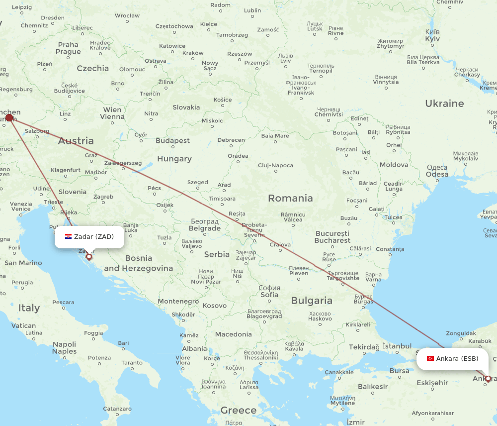 Zadar - Ankara route map and flight paths