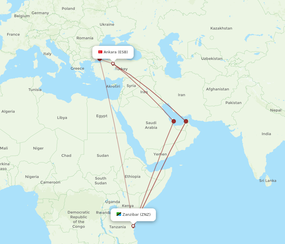 Zanzibar - Ankara route map and flight paths