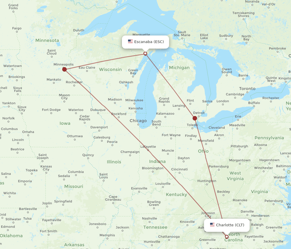 ESC to CLT flights and routes map