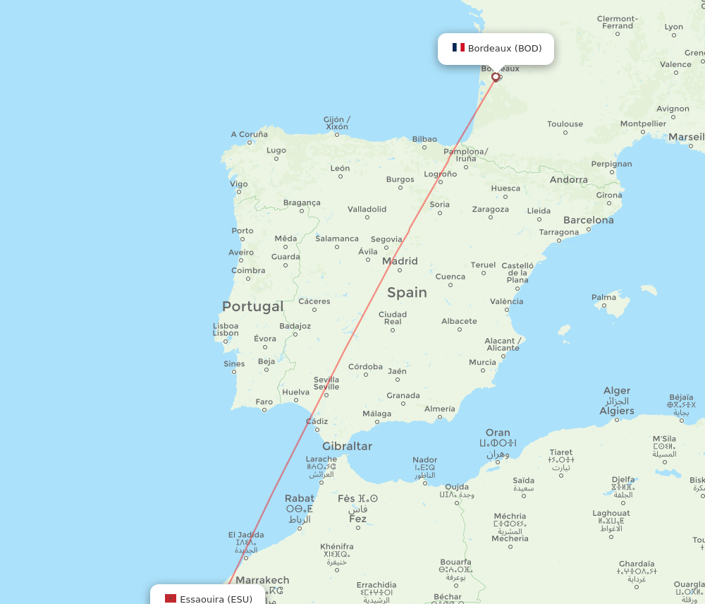 Essaouira - Bordeaux route map and flight paths