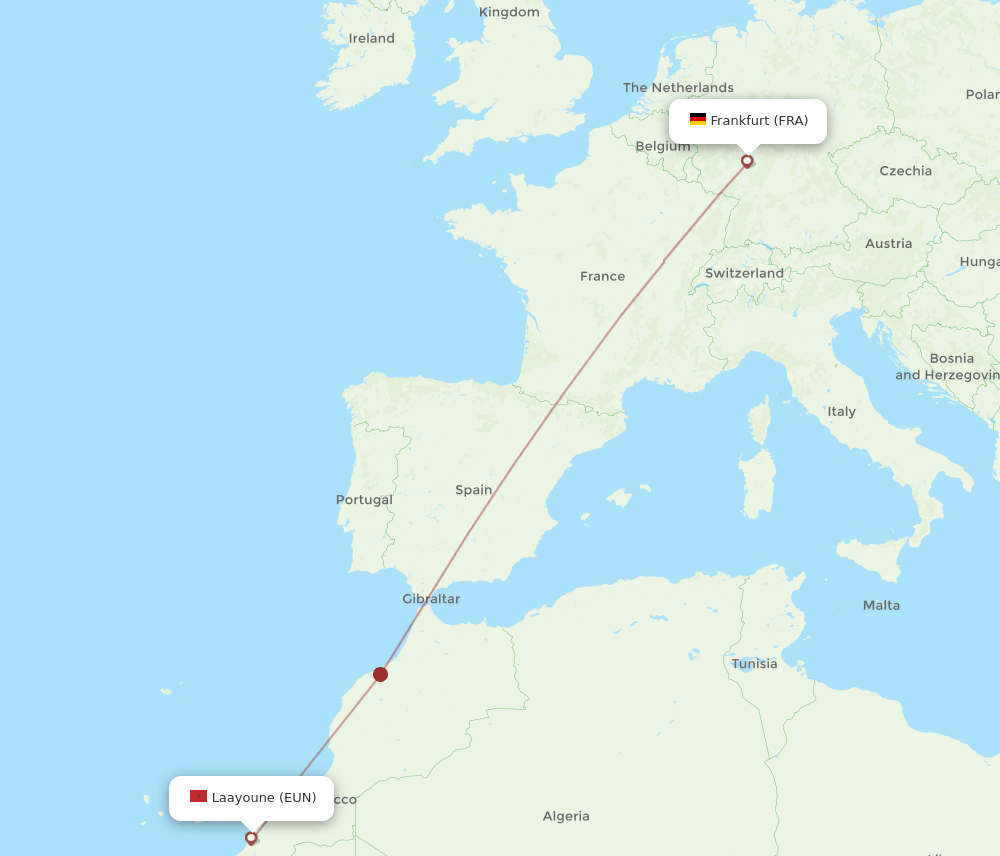 Frankfurt - Laayoune route map and flight paths
