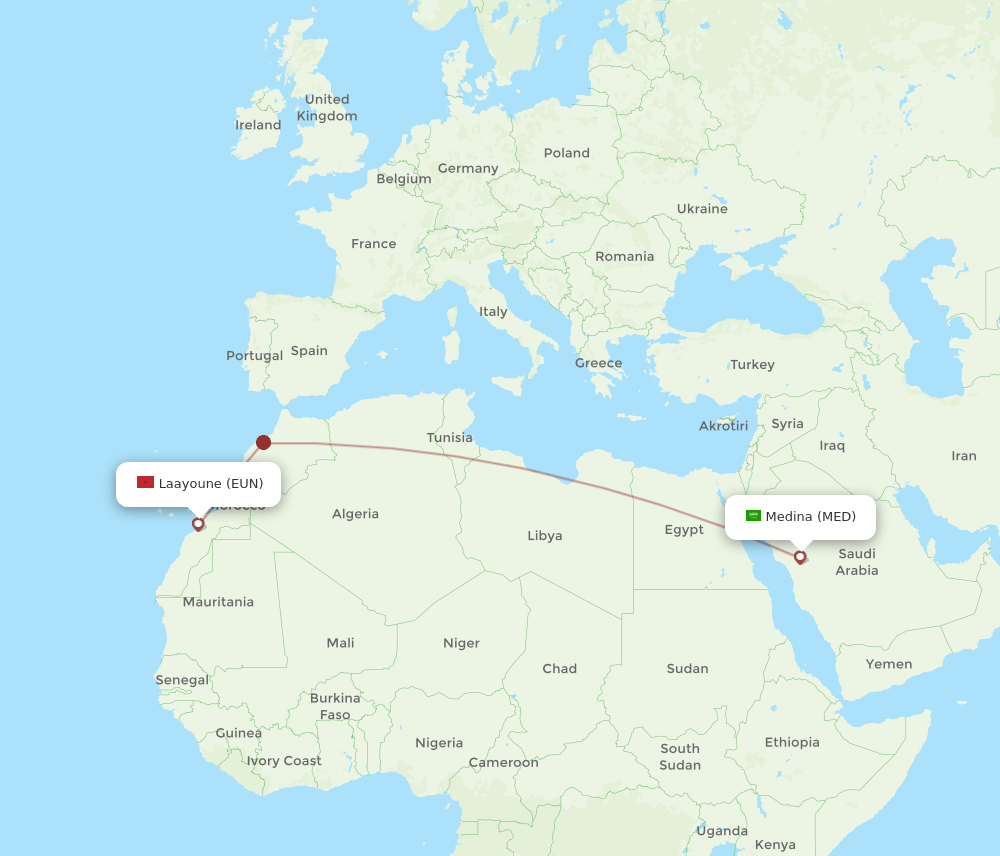 Madinah - Laayoune route map and flight paths