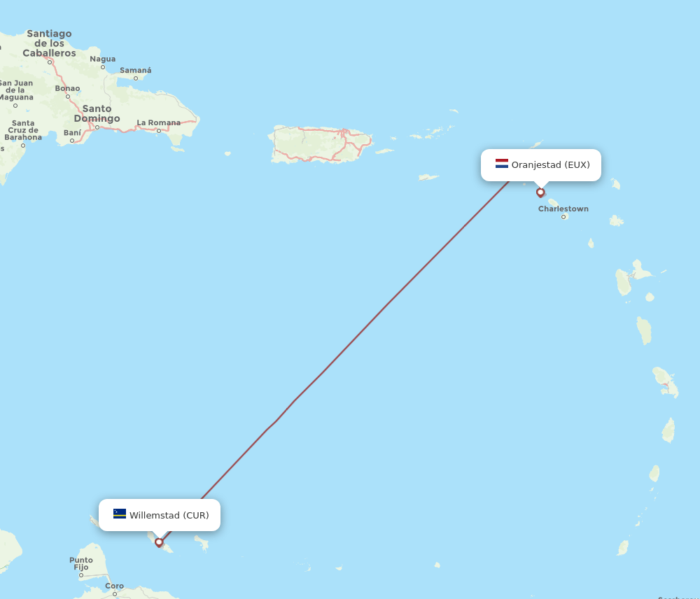 EUX to CUR flights and routes map